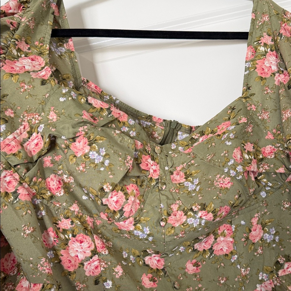 NWT Cider Floral Square-Neck Mini Dress - Olive with Pink Roses - Picture 2 of 4